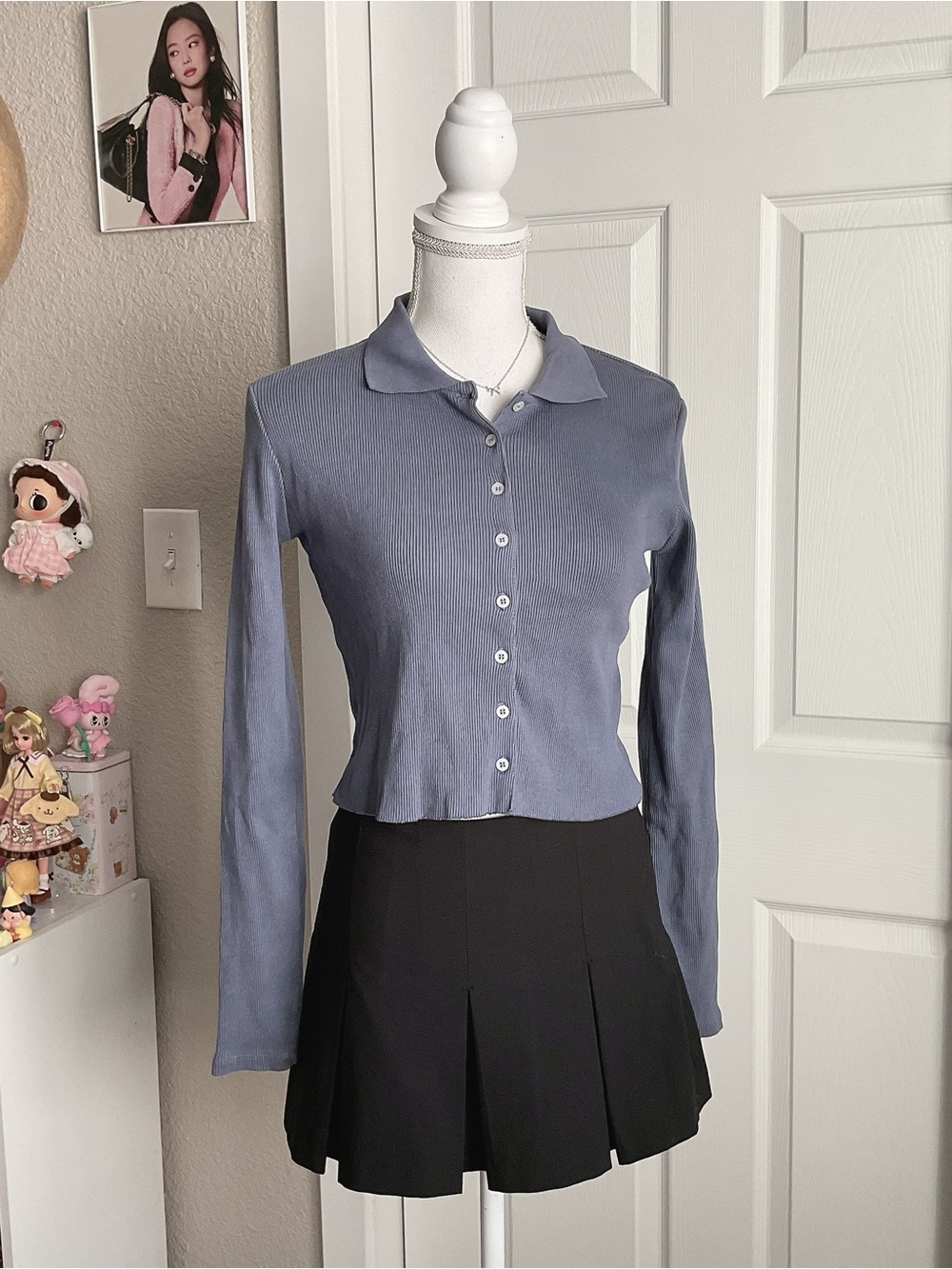 Women’s Collared Button-Front Long Sleeve Top - Dusty Blue